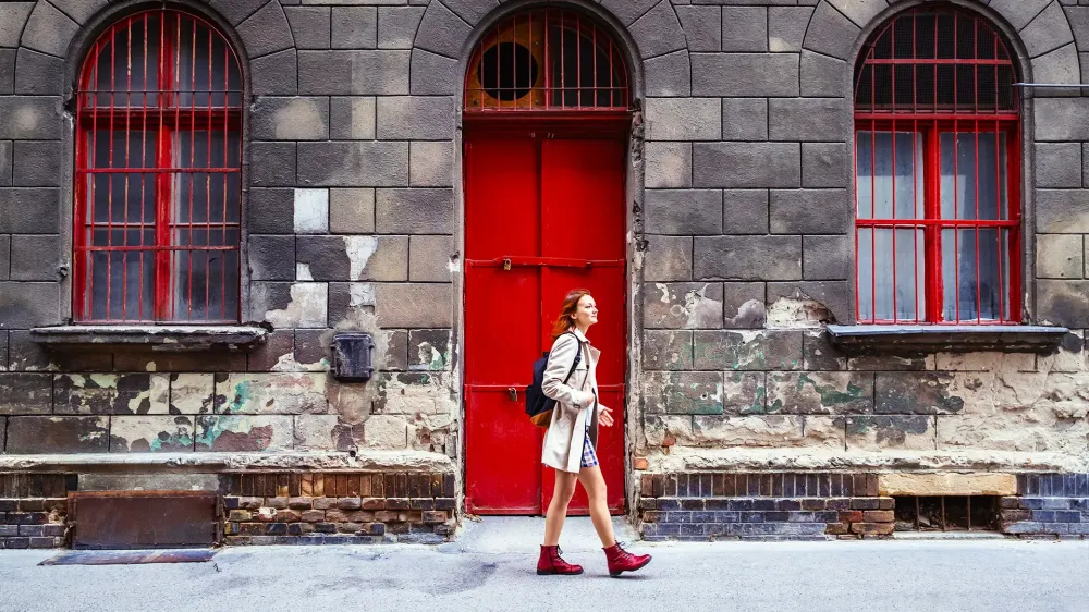 tylish woman on the Background of European City Street and one of the historical architectural buildings of Budapest, Hungary